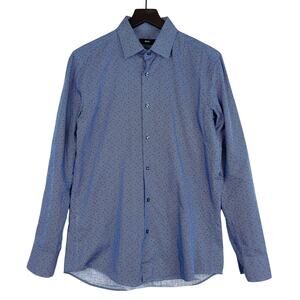 BOSS Hugo Boss Mens Size 15.5 Slim Fit Cotton Polka Dot Dress Shirt Blue